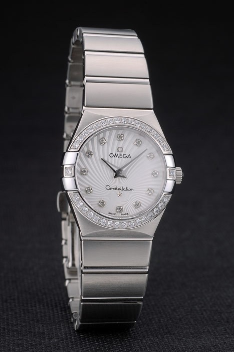 Swiss Lady Omega Constellation Crystal Encrusted Bezel Silver Dial 80291 Radial